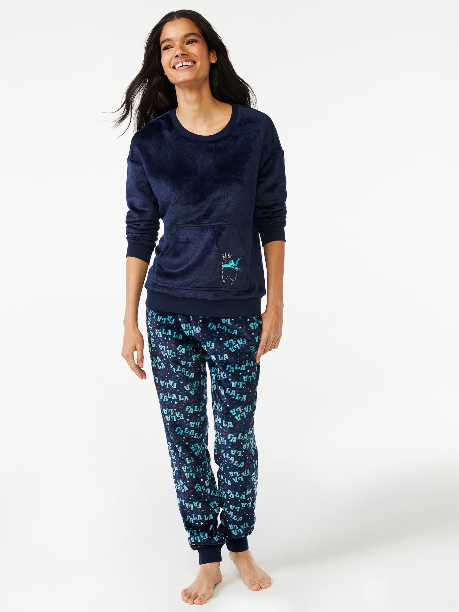 Joyspun Women's Plush Long Sleeve Top and Pants Pajama Set, 2-Piece, Sizes XS to 3X