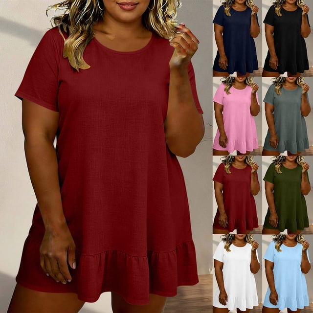 XUNKUSGA Robes Grande Taille pour Femmes aux Courbes Été Classique Couleur Unie Robes pour Femmes Décontractées Col Rond Manches Courtes Évasées Ourlet à Volants Robe Mini, Bleu, 5TG