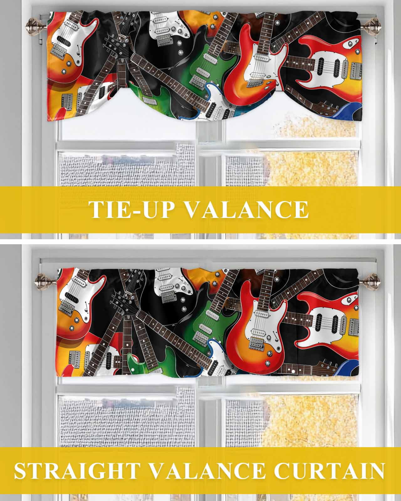 Electric Guitar Tie Up Valances Curtain, Adjustable Kitchen Colorful Guitar Music Instrumentation Valances for Windows Decor, Rod Pocket Short Curtains Set for Bedroom/Bathroom, 54"x18"