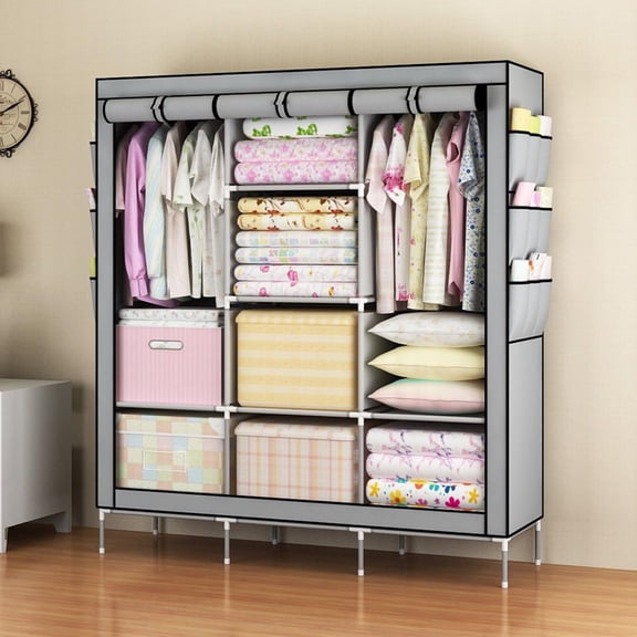 Portable Wardrobe with 3 Storage Shelves, Non-Woven Fabric, Stable and Easy Assembly Light-Gray Portable Closets for Hanging Clothes with Side Pockets