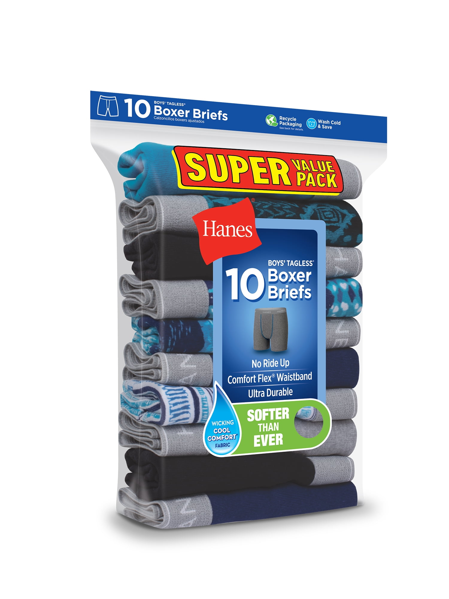 Hanes Boys’ Comfort Flex Tagless Boxer Briefs, 10 Pack, Sizes S-XL
