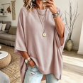 thumbnail image 2 of JIAYUE Women Crew Neck Knit Sweater Solid Color Batwing Short Sleeve Oversized Tunic Top for Daily Casual Walking, 2 of 9