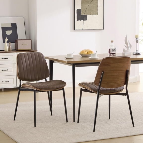 Dining Chairs Set of 2, Mid Century Modern Chairs, Retro Dining Chairs Waterproof PU Leather Upholstery, Walnut Bentwood Backrest, Metal Tapered Legs With Wider Stance For Stability