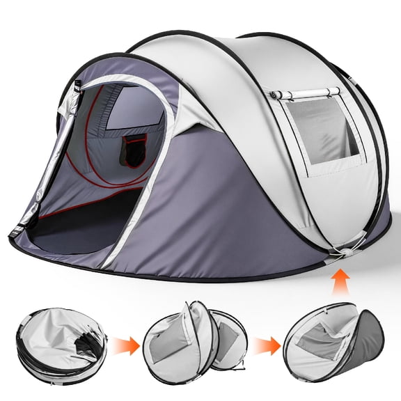 4-Person Pop Up Tent, Waterproof Instant Camping Tent with Front Awning, Light Gray