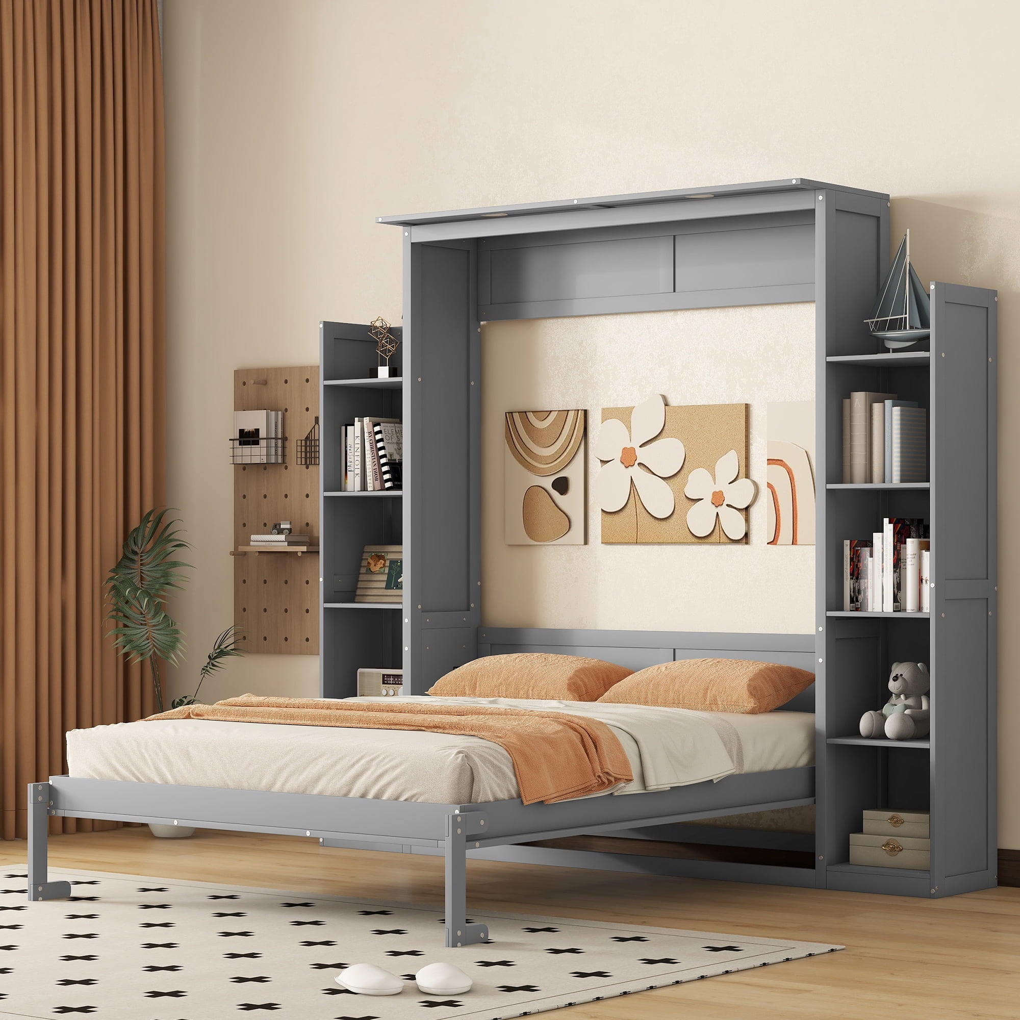 Mintazer Queen Size Murphy Bed with Side Bookcases & LED Lights, Folding Wall Cabinet Bed with Storage for Guest Room Home Office Apartment, Grey
