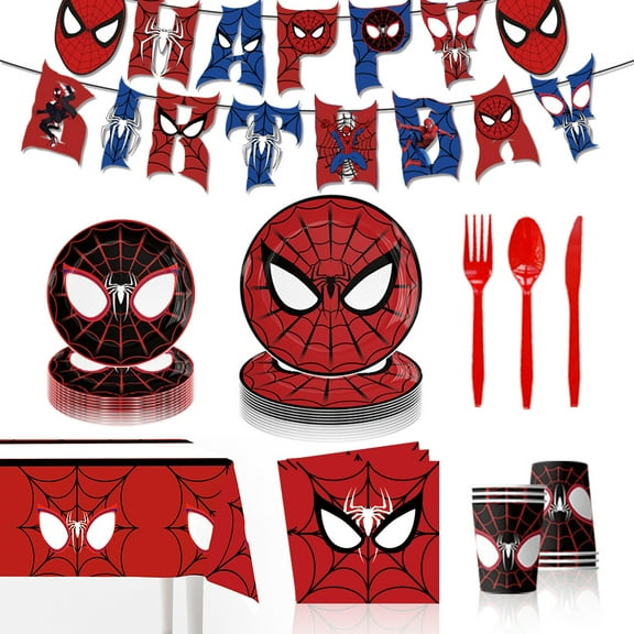 Spiderman cartoon theme birthday party supplies decorations include birthday banners, tablecloths, plates, forks, knives, spoons suitable for children's parties