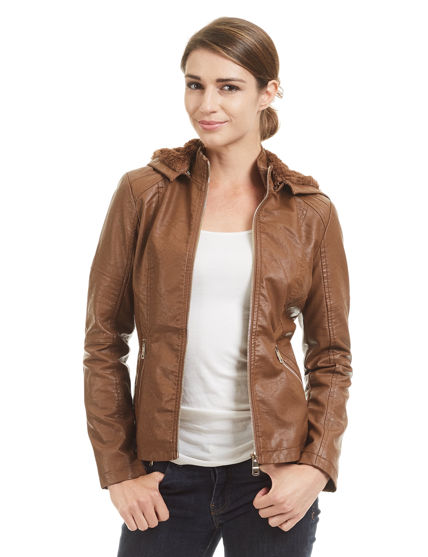 Wjc1423 Womens Faux Leather Inner Fleece Hoo Jacket L Camel