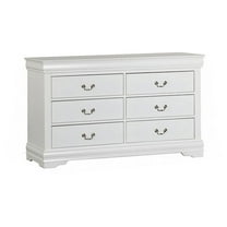 Ryla Wide Dresser Chest, 6 Drawers, Nickel Metal Handles, White Solid Wood