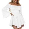 thumbnail image 3 of Womens Dresses Off Shoulder Long Sleeve Solid Color Flounce Hem Casual Summer Beach Flowy Mini Dress for Women White XS, 3 of 4