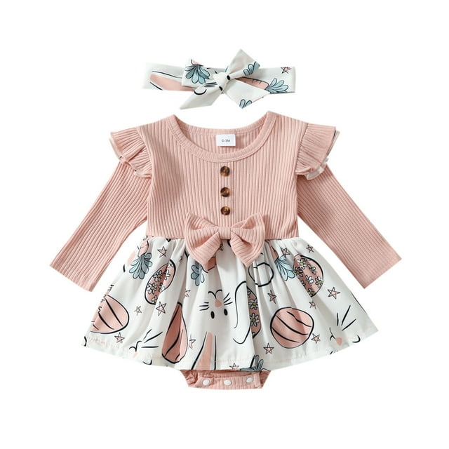 GPOECD Combinaison à Manches Longues pour Filles avec Imprimés de Lapin de Pâques, Barboteuse Côtelée, Robe, Bandeaux, Ensemble, Combinaisons à Manches Longues pour Rouge-I, 6-9 Mois