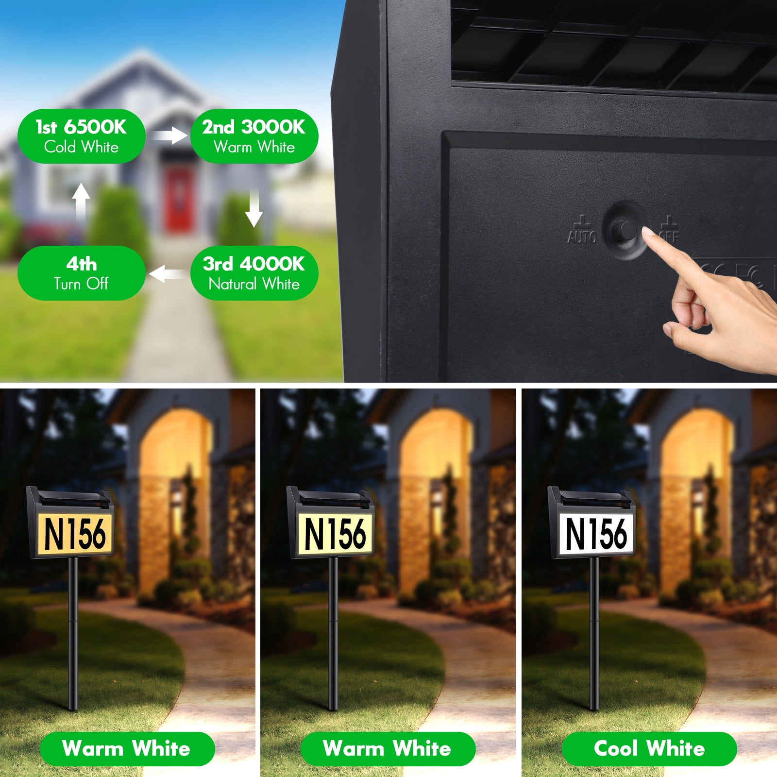 DEERDANCE Solar Address Sign Lighted House Numbers Waterproof, Solar Powered LED Illuminated Address Plaques with Stakes, 3-Color in 1 Address Number