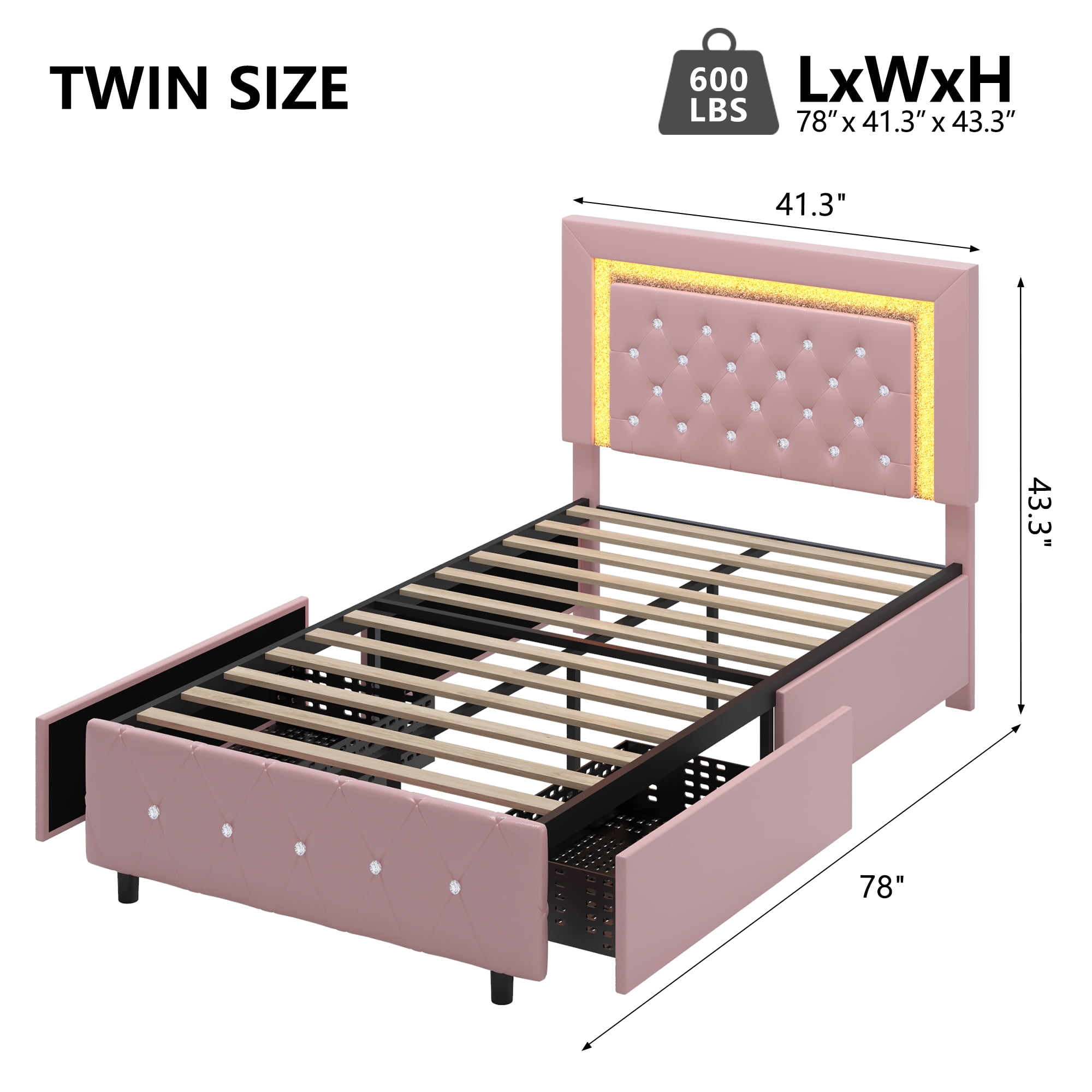 4 EVER WINNER Twin Size LED Bed Frame with Storage, Upholstered Platform Bed with 2 Drawers, Adjustable LED Lights Headboard, Pink