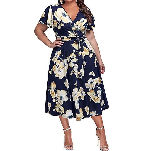 Gvmfive Plus Size Womens Summer Dresses Boho Short Sleeve Floral Print Flowy Dress