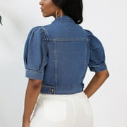 Brilliant Denim Jackets for Women Short Sleeve Jean Jacket Spring 2025 Women Casual Button Solid Short Sleeve Tops Jacket Coat Blue XL