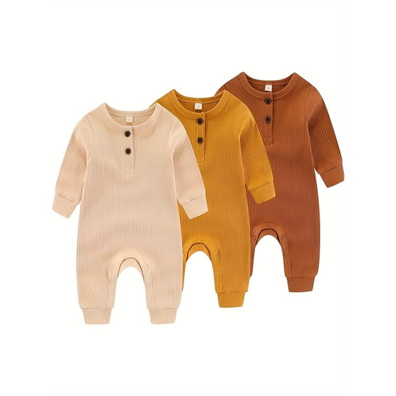 Zehjuhan 3 Set Baby Boys One Piece Romper With Mitten Cuffs Long Sleeve Ribbed Button Jumpsuit Outfit Clothes