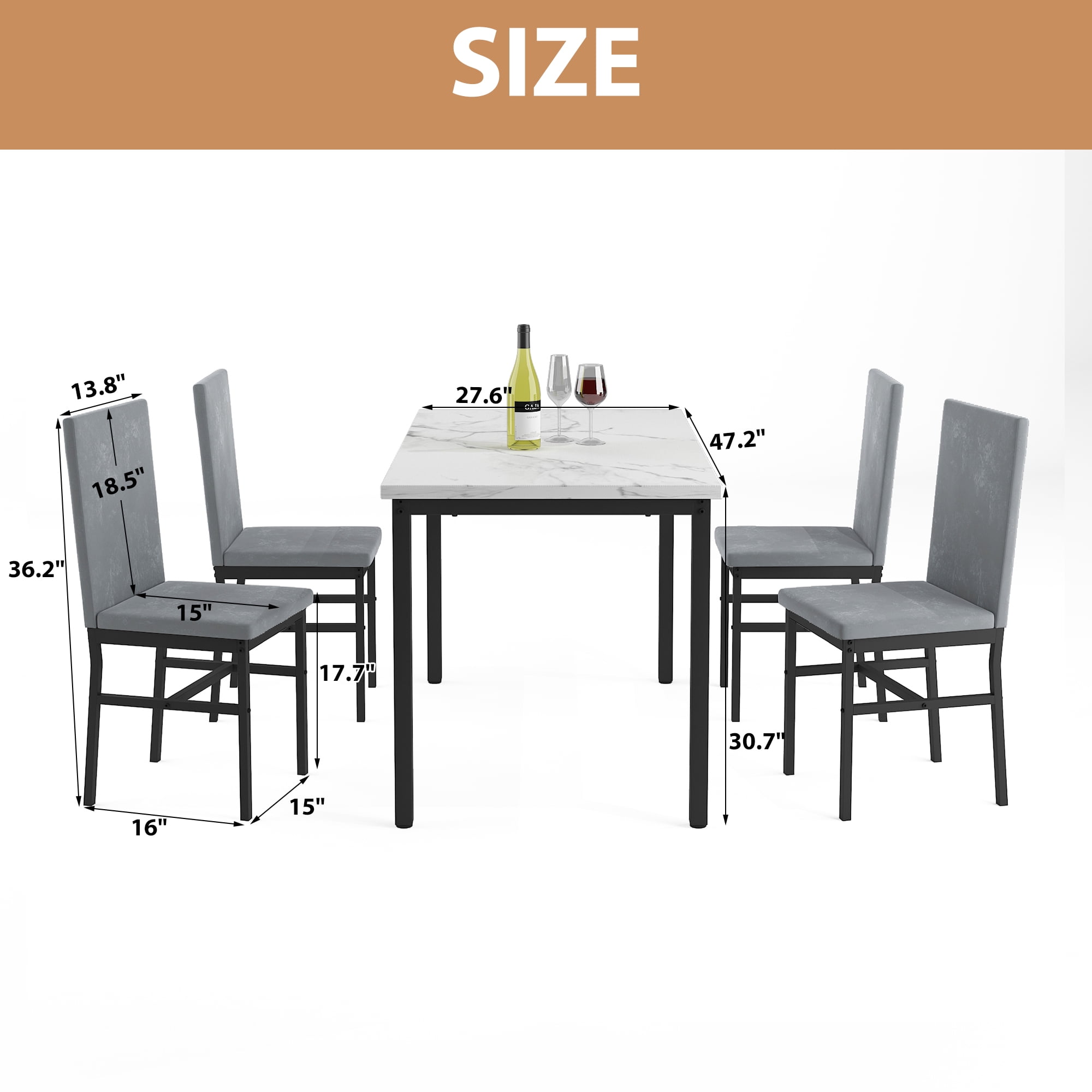 UHOMEPRO 5 Pieces Dining Table Set, Marble Top Dining Table and Chairs Set for 4, Gray Sturdy Iron Frame Dining Room Table Set with 4 Velvet Upholstered Chairs for Small Dining Room