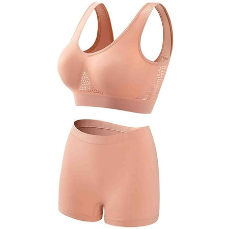 Virmaxy Womens Wirefree Sport Bras Boxer Shorts Set High Impact Hollow Out Workout Gym Activewear Set Workout Gathering Seamless Breathable Sports Underwear Panty Set Pink XL