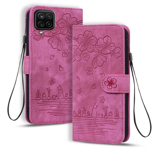 Dteck for Samsung Galaxy A12 Case, PU Leather Embossed Comic Flip Wallet Case with Cart Slot Hand Strap and Kickstand Shockproof Protective Case for Samsung Galaxy A12 6.5" 2020 Women Men, Rose