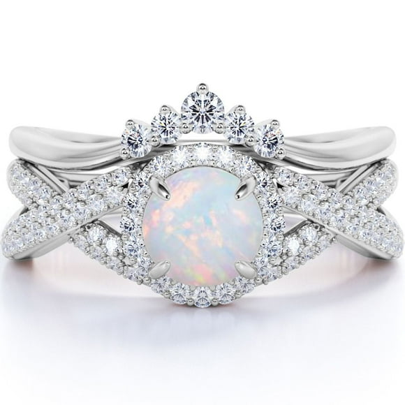 JeenMata Anillo de Bodas de 1,15 Quilates con Ópalo de Fuego Azul Redondo Vintage y Moissanita Engastado en Oro Blanco de 18 K sobre Plata