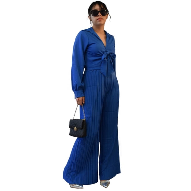 Palazzo Elegante de una Pieza con Blusa de Lazo y Pantalón Plisado para Mujer