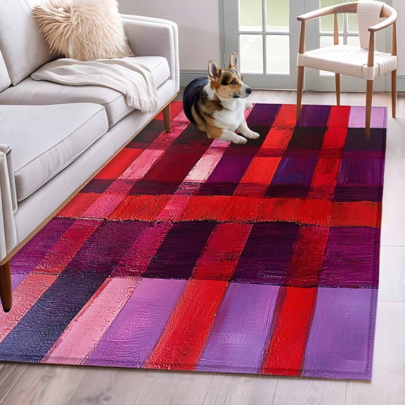 3'x5' Area Rugs, Red Purple Indoor Outdoor Area Rug for Living Room Bedroom, Striped Plaid Modern Abstract Oil Painting Washable Bathroom Rugs Kitchen Floor Carpet Mats Home Decor Aesthetic
