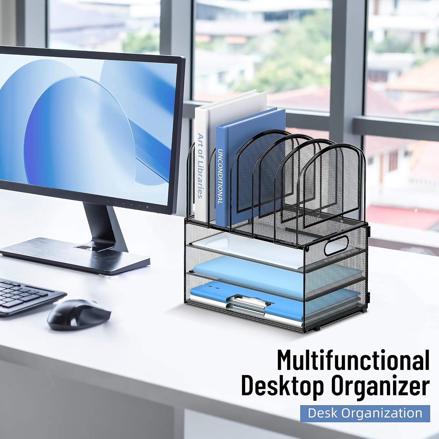 INTIGE Desk Organizer with Vertical File Holder, 3 Tier Desktop Organizer with 5 File Folder Holders and Handles, Metal Mesh File Organizers and Accessories for Home Office Organization