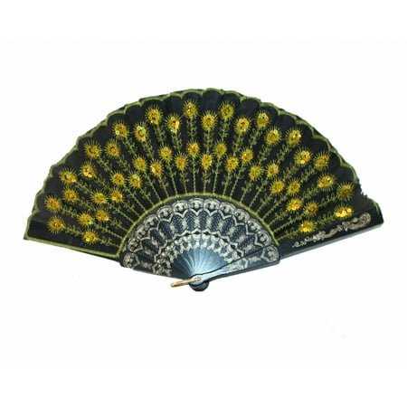 

Black Slab Fabric Hand Fan with Peacock Pattern Sequin Style-yellow