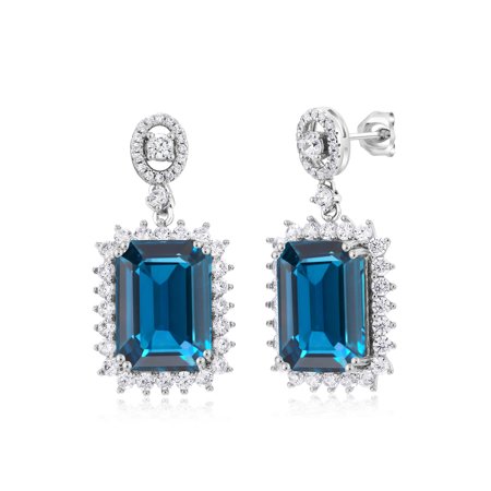 - 17.60 Ct Emerald Cut London Blue Topaz 925 Sterling Silver Earrings