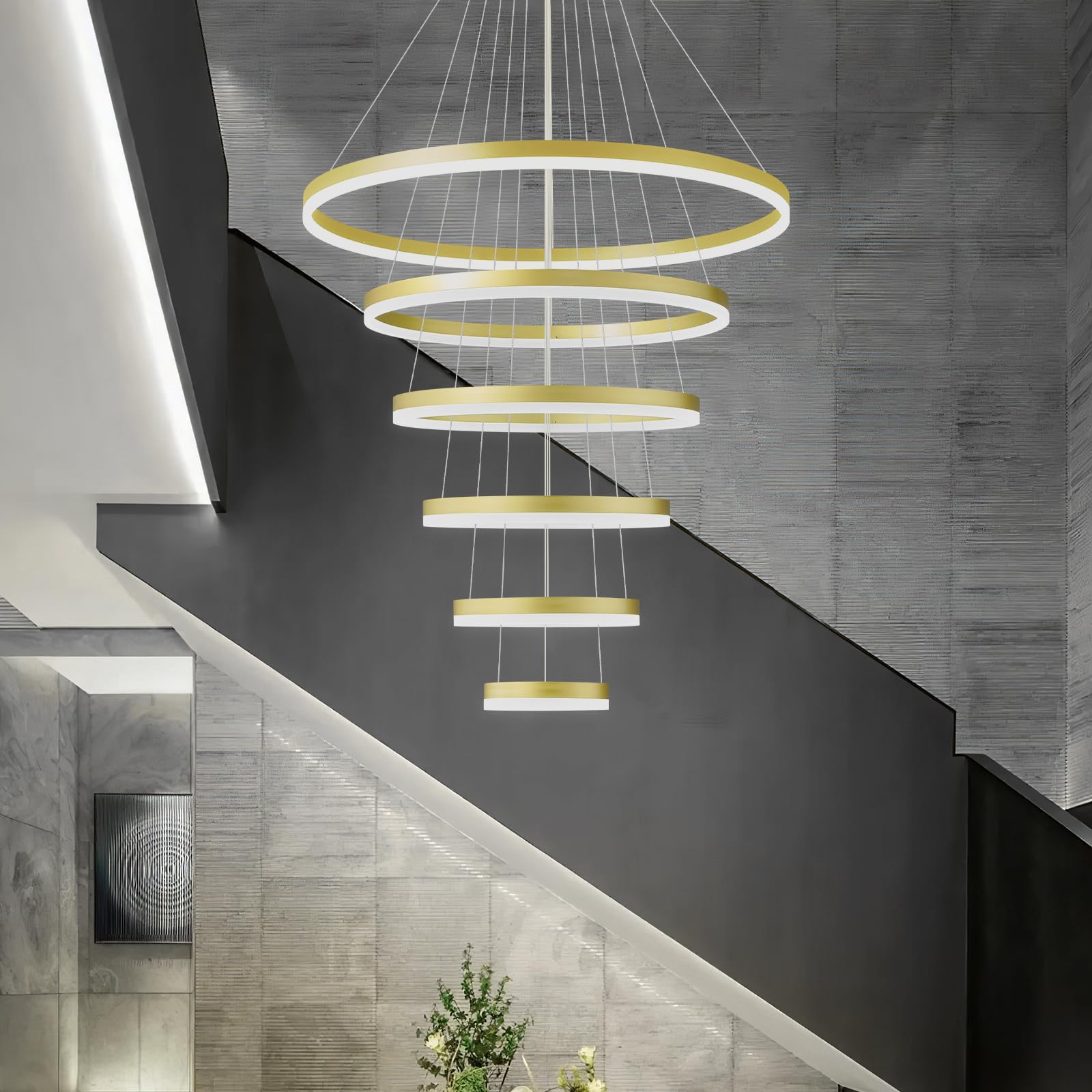 ZHLWIN Modern LED Chandelier Lighting, 6 Rings Gold Chandelier Contemporary Ceiling Pendant Light Fixture for Staircase Foyer High Ceiling Living Room 6000K Cool White