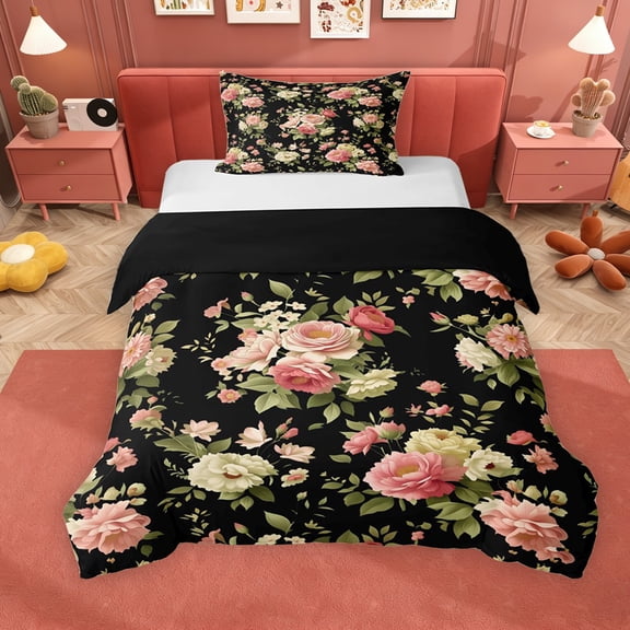 Erosebridal Chic Flower Twin Bedding for Female, Black Duvet Cover Set, Black Reversible, 2pcs 1 Duvet Cover and 1 Pillowcase, No Comforter