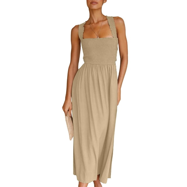 xiaxaixu Robe d'Été Décontractée pour Femmes Dos Nu Couleur Unie Robe Longue Froncée Mode Robe à Nouer Croisée