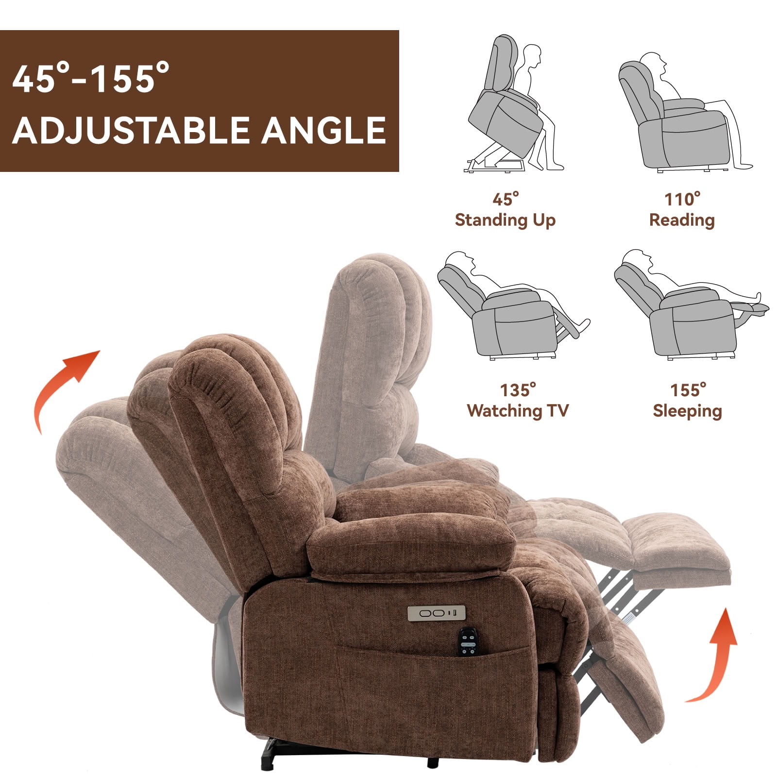 MAYEERTY Oversized Power Lift Recliner Chair, Chenille Electric Lift Chair with 8-Point Vibration Massage & Lumbar Heat, USB Port, for Living Room Elderly