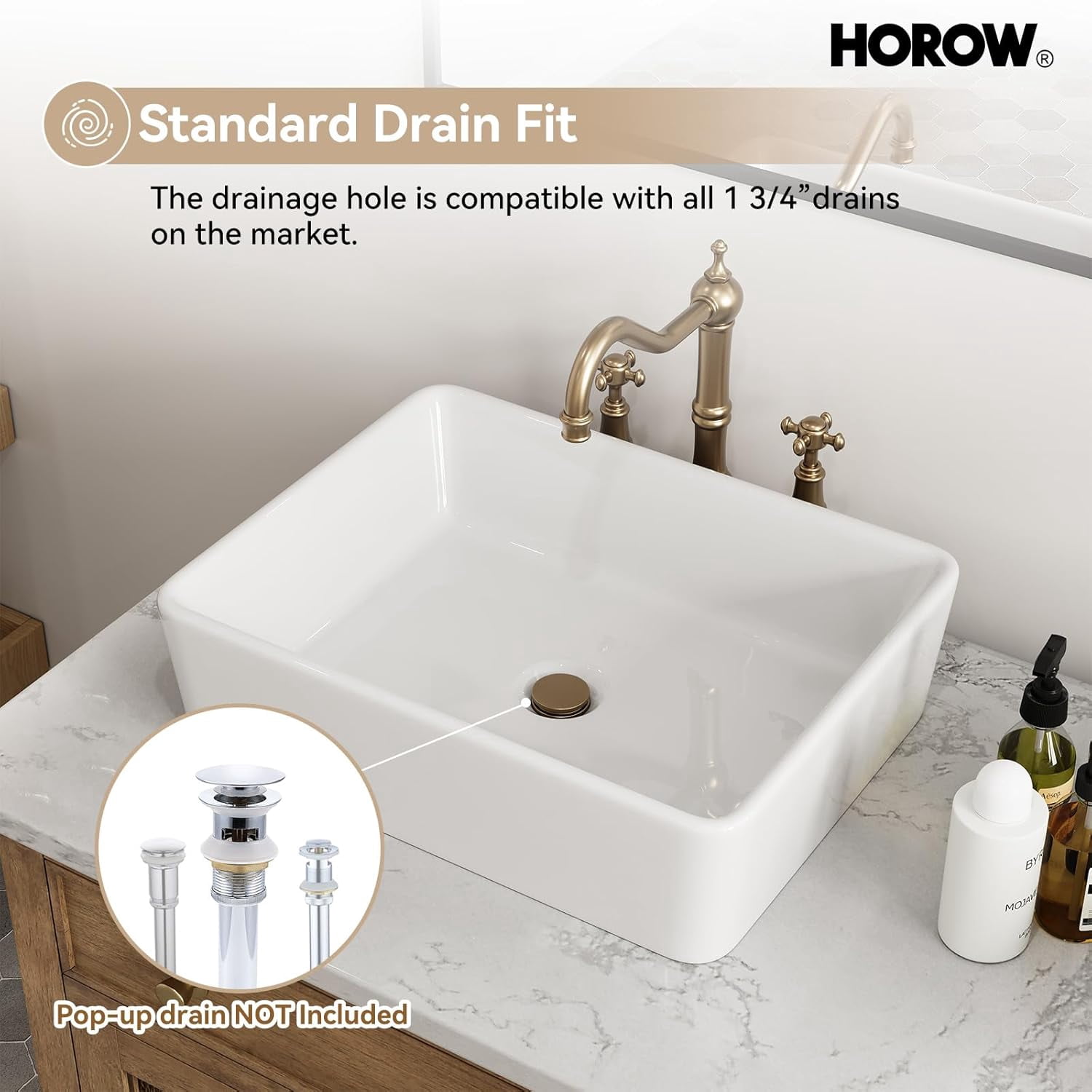 HOROW Rectangular Vessel Sink, 19'' X 15'' White Bathroom Sinks Above Counter Rectangle Ceramic