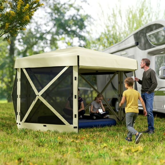 Outsunny 12' x 12' Hexagonal Pop Up Gazebo with 5 Sidewalls, Portable Outdoor Canopy, Beige