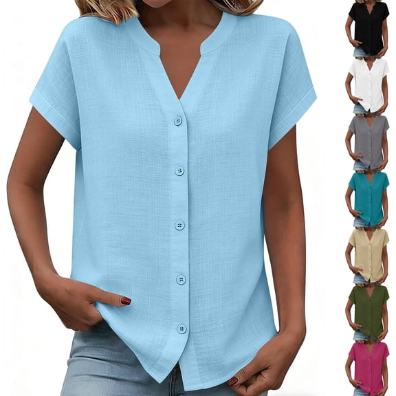 Women Blouse Ndbuld Women's Fashionable V-neck Button-down Short-sleeved Shirt Top Black L