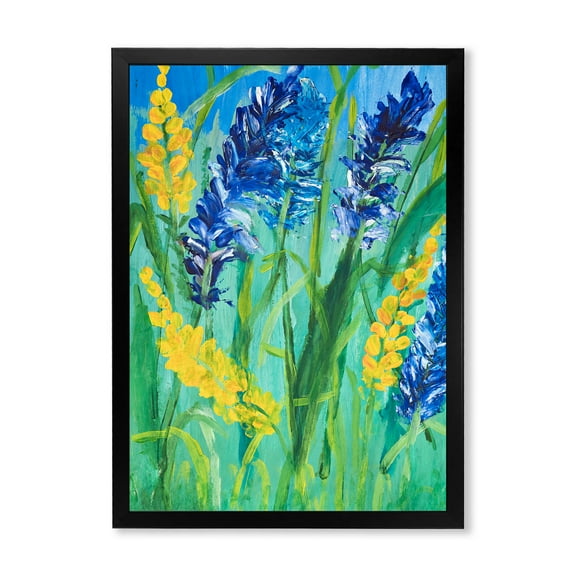 Designart 'Yellow and Blue Wild Flowers and Grass Gouache' Traditional Framed Art Print