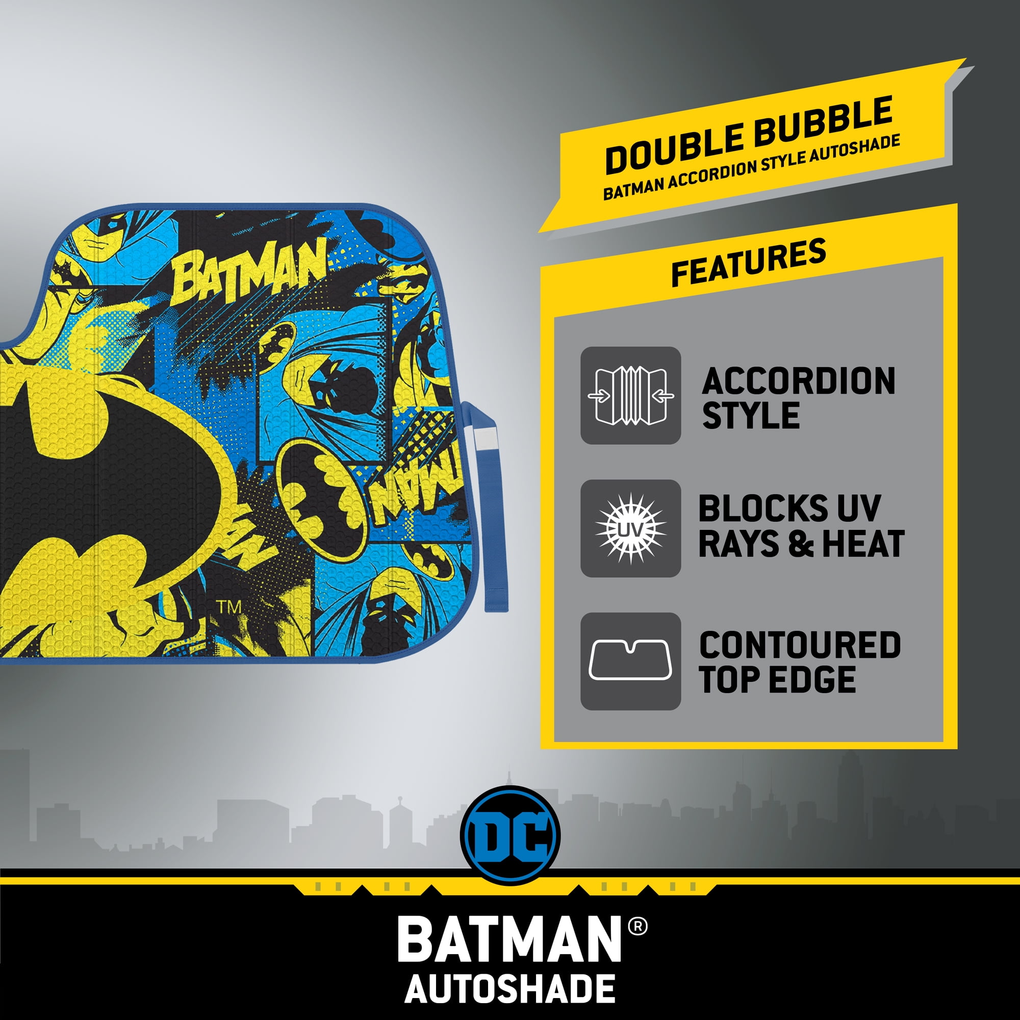 Batman Car Seat Covers Holiday Gift Bundle Set – Officially Licensed Front Seat Covers with Matching Belt Pads, Steering Wheel Cover, Car Floor Mats and Windshield Sunshade for Auto Truck Van and SUV