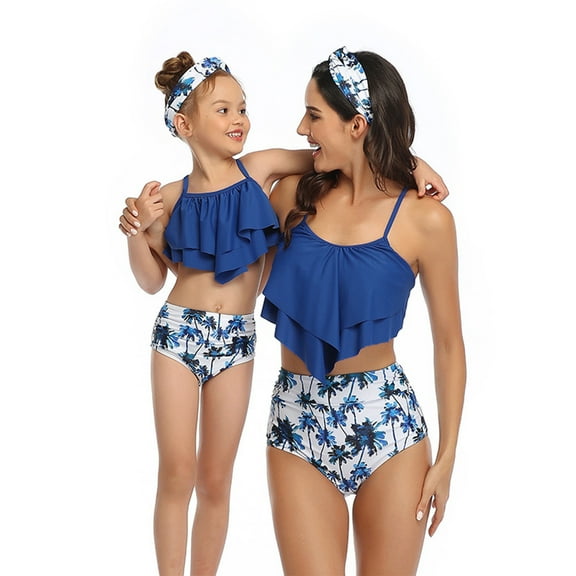 Odeerbi Mommy and Me Swimsuits Two Pieces Ruffles Bikini Set Colorblock Family Matching Swimwear Bathing Suits Print Hollow Out Backless Family Swimsuits Matching Set for Girls Blue