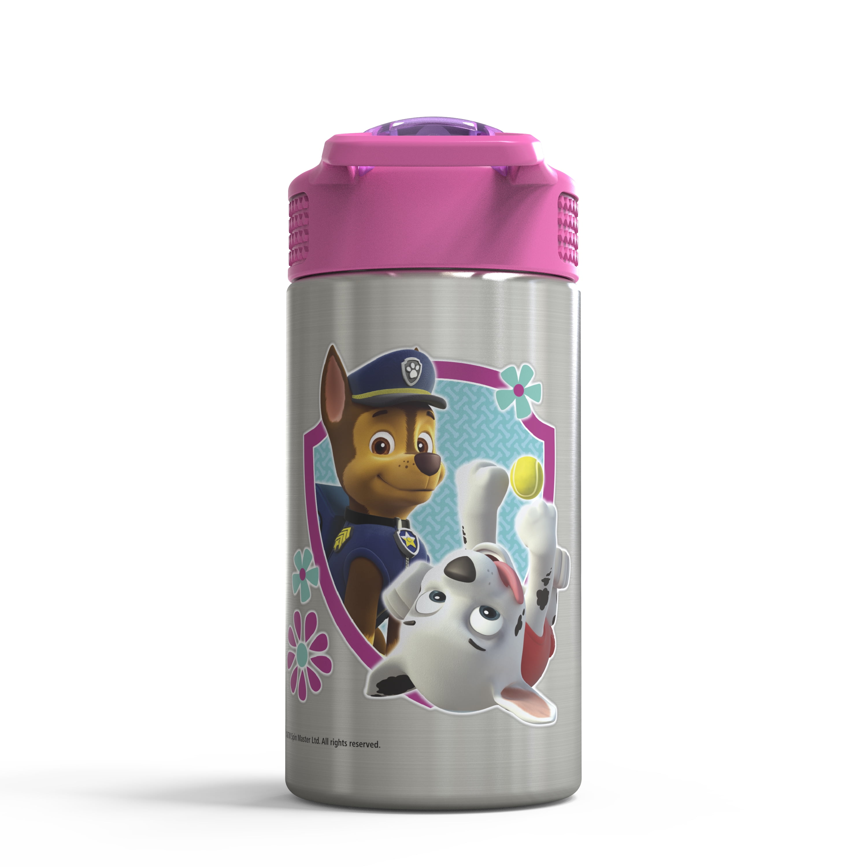 Zak Designs 15.5 oz Kids Water Bottle Stainless Steel with Push-Button Spout and Locking Cover, Paw Patrol Skye