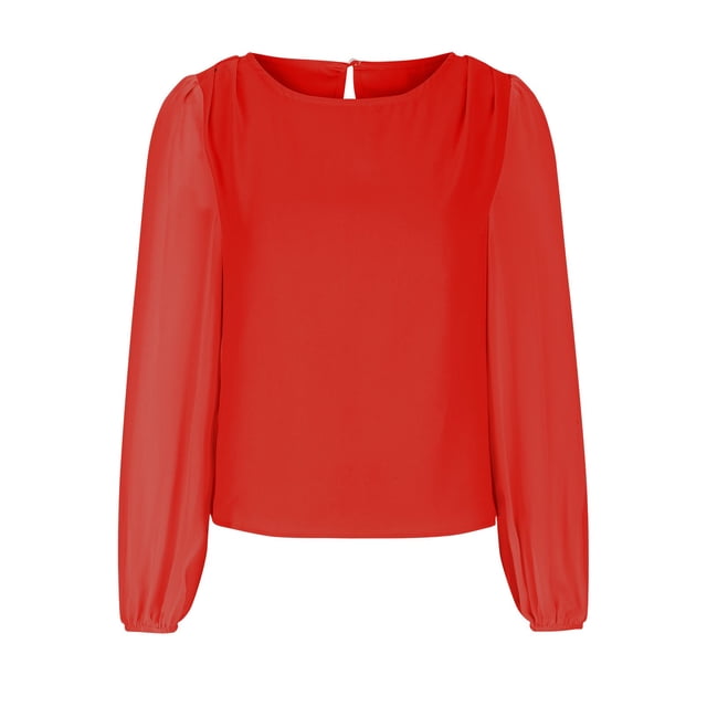 Timegard Womens Tops Chiffon Puff Long Sleeve Crewneck Ruched Back Button Tee Shirts Casual Loose Tops