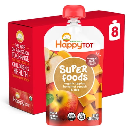 Happy Tot Organics Super Foods Stage 4, Apples Butternut Squash & Super Chia, Organic Tot Food Pouches, 4.22 oz. (8 pack)