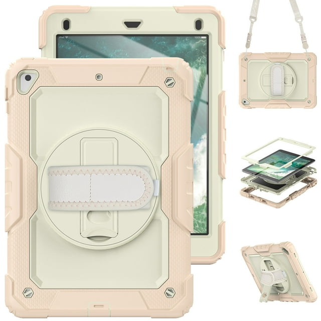 Case for iPad 6th / 5th Gen (2018 2017) / iPad Air 2 / iPad Pro 9.7 inch with Screen Protector, 360 Rotating Kickstand Hand Strap Shockproof Cover with Shoulder Strap, Cream Rose Gold