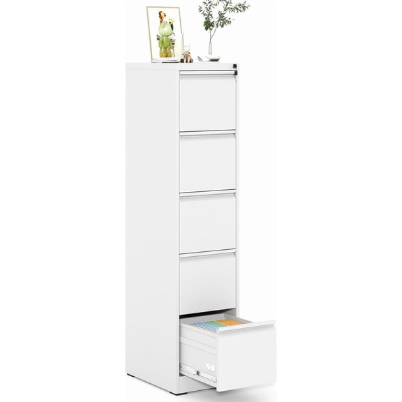 Metal File Cabinet 5 Drawers, Vertical Filing Cabinet for Home Office, File Cabinets with Lock for Legal/Letter Size Hanging File Folders, (White)