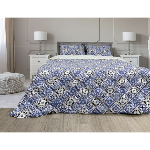 Moroccan Comforter & Sham Bedding Set, Geometric Tile Squares with Middle Eastern Azulejo Design, 3 pcs Duvet Set Microfiber Filling Quilt, 5 Sizes, Violet Blue Black Cream, by Ambesonne