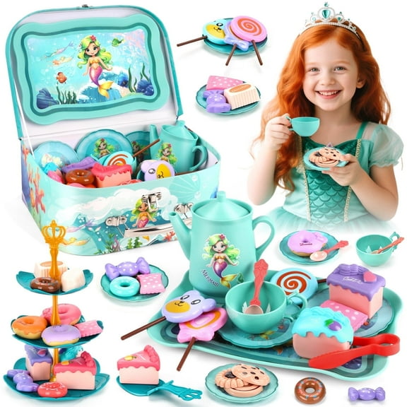 HopeRock 42PCS Mermaid Tea Party Set for Little Girls, Pretend Play Toys for Toddlers Girls Ages 3 4 5 6 Years, Birthday Gifts for Kids Girls 3-6 Years Old.