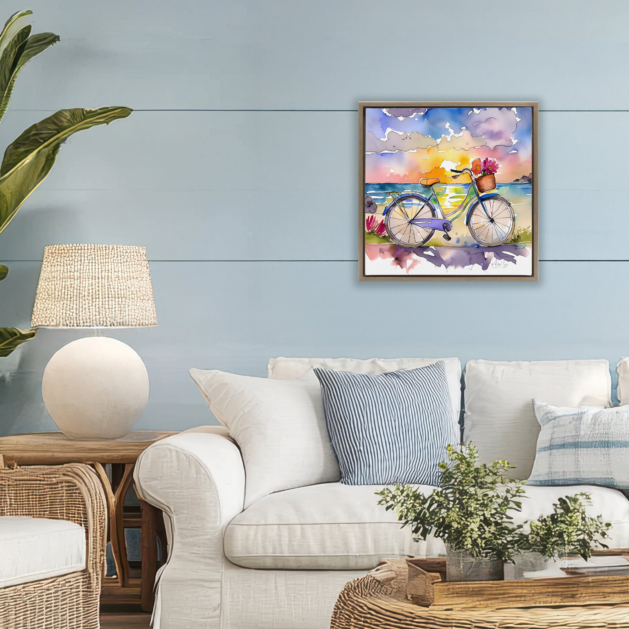 Stupell Industries Bicycle By The Seaside Brown Framed Floater Canvas Wall Art, design by Shelly Craig
