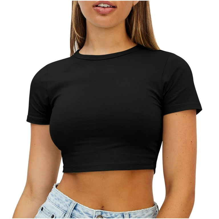 Crop Tops for Women Trendy Short Sleeve Casual Crew Neck Solid Tee Shirts  Summer Basic Going out Y2k Blouse Tight fitting(XXL,Black) 