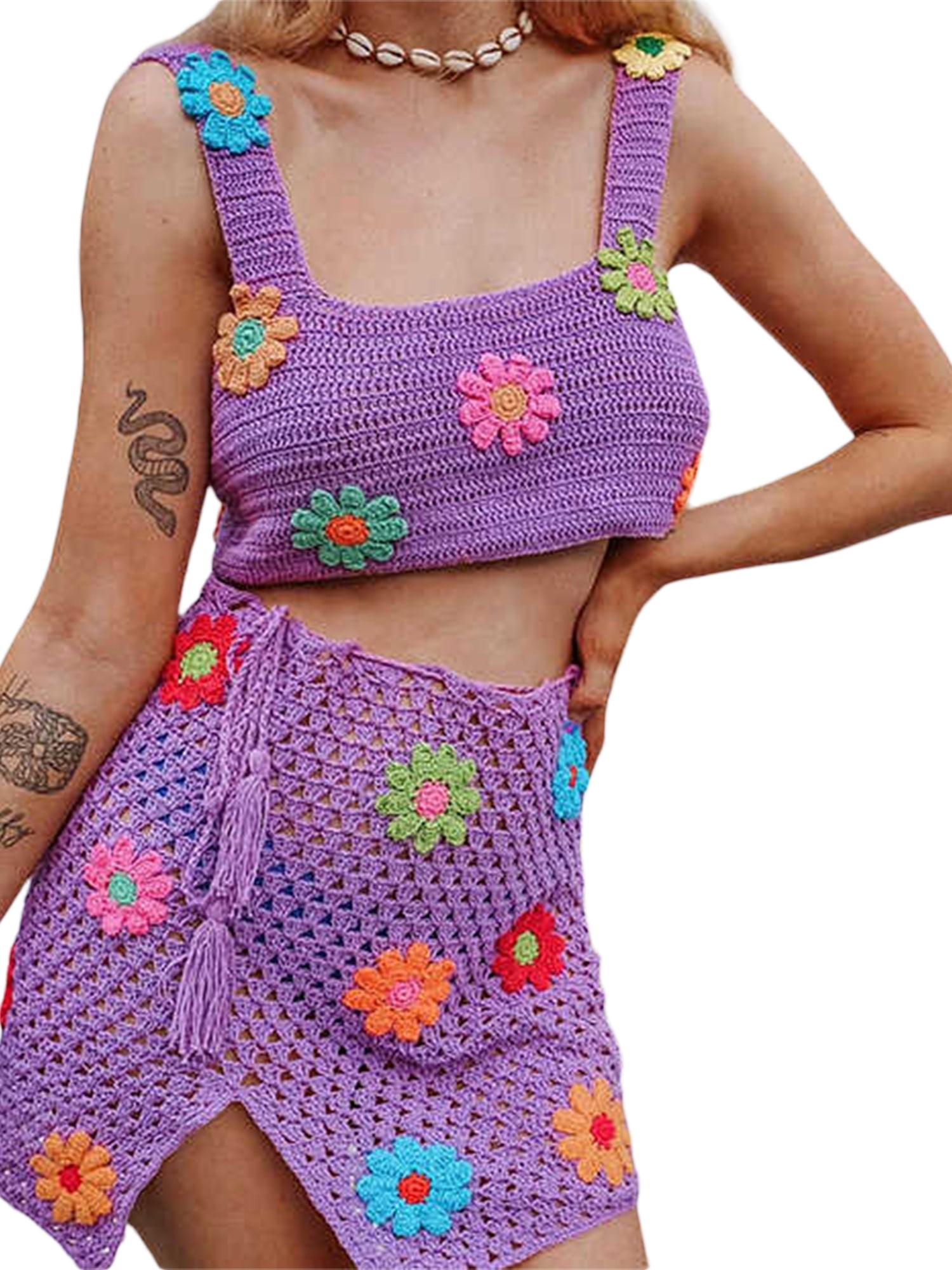 Mulheres 2 Peça Outfit Set Boho Oco-Out Crochet Knit Halter Bras Top e  Assimétrico Borla Mini Saia Praia Cover Up - AliExpress