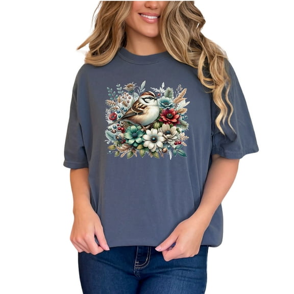 Colorful bird floral graphic tee, Unique bird and flower design shirt, Cute sparrow in floral garden T-shirt, Artistic wildlife print top, Denim Comfort Colors T-Shirt, Small