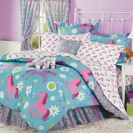 Purple Blue Pink Pony Horse Kids Full Comforter Set 8 Piece